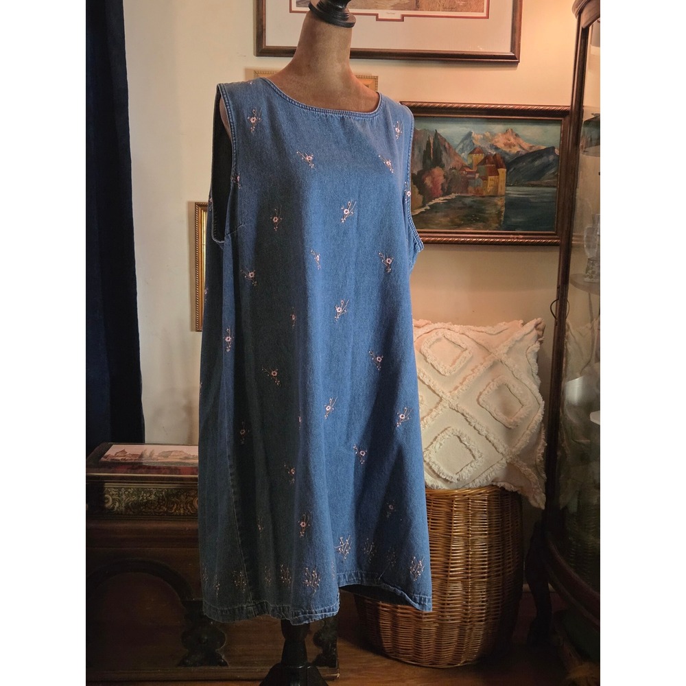 Original TY Wear Vintage Denim Floral Embroidered Jumper Dress Blue Plus 22W